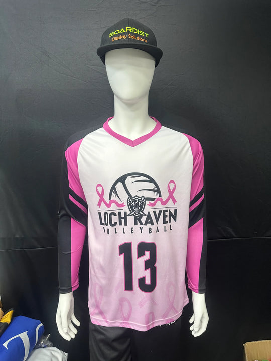 Custom Loch Raven Volleyball jersey with pink breast cancer awareness accents and number 13