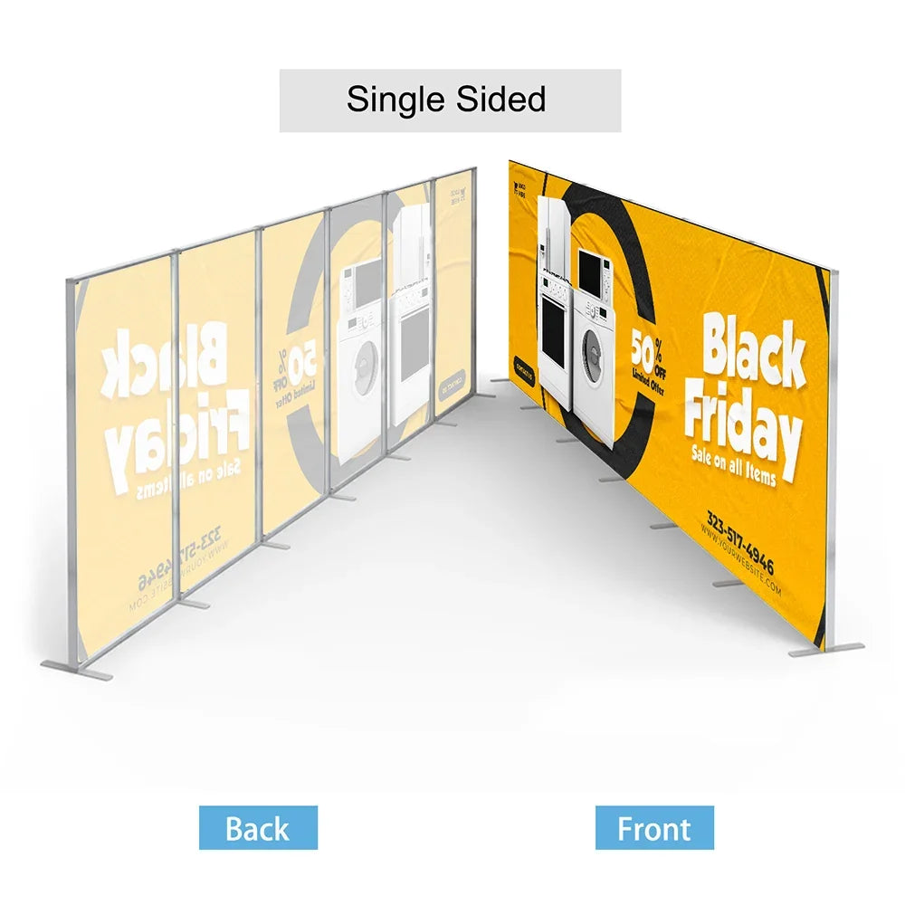 Custom single-sided Black Friday promotional banners on a metal stand.