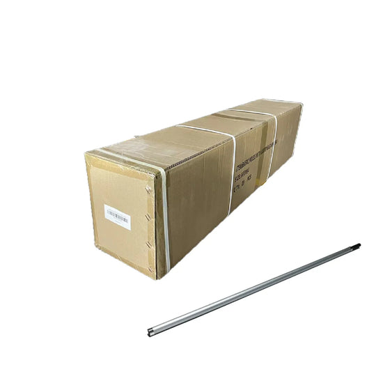 A metal tent pole next to its cardboard shipping box.