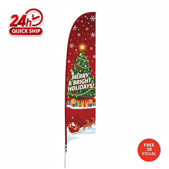 Custom red feather flag featuring a Christmas tree and holiday greeting