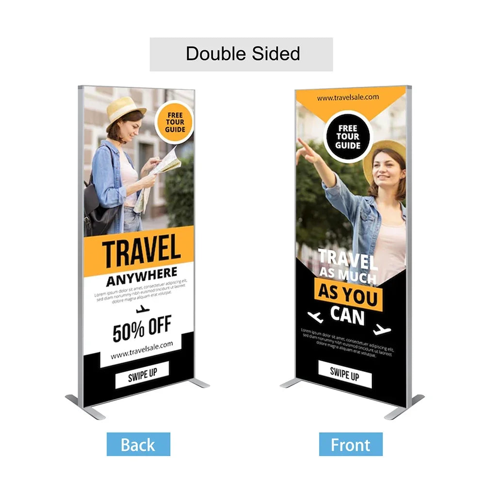 Double-sided retractable travel banner with a woman traveler and promotional offers.