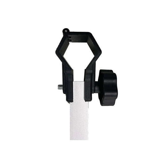 Black adjustable mounting bracket with a silver metal support bar