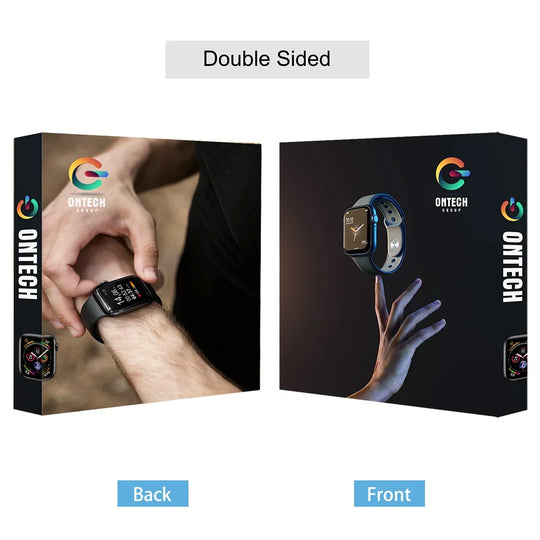Front and back views of a double-sided ONTECH branded smartwatch display box.