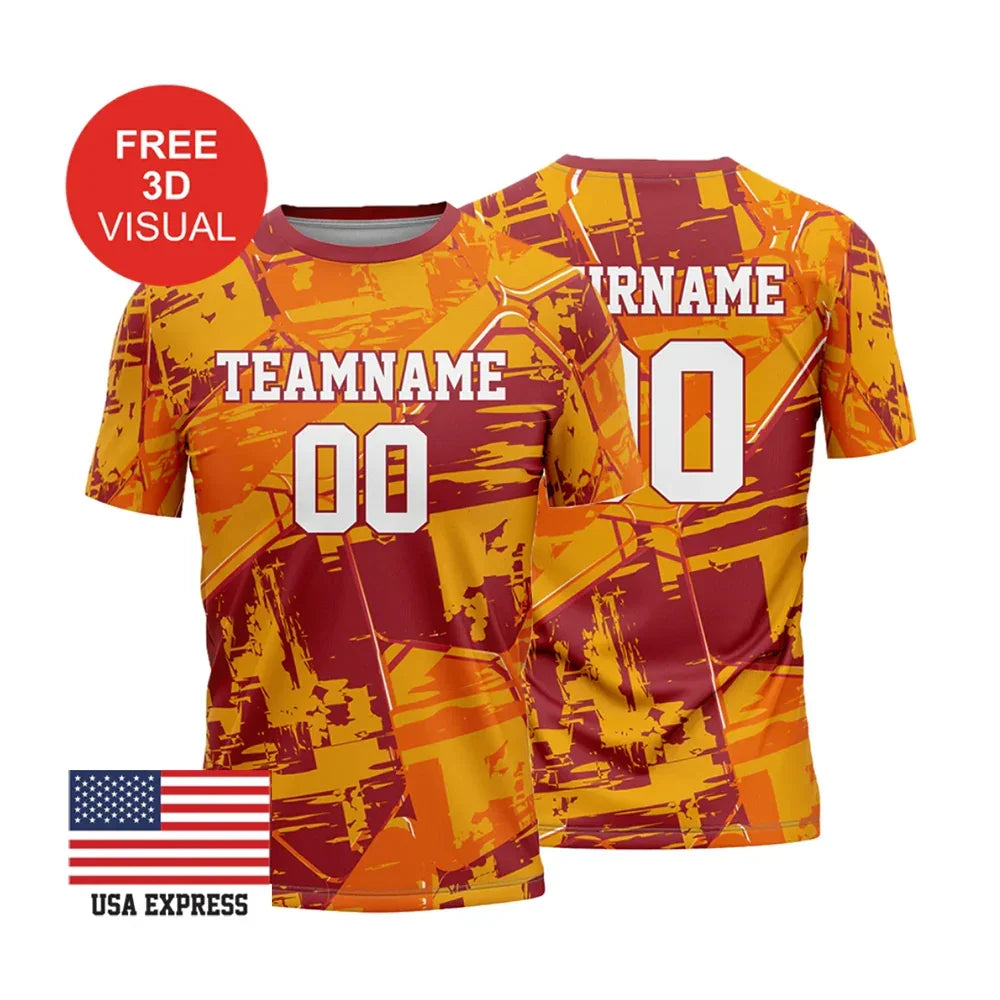 Custom orange and red patterned sports jerseys with team name and number placeholders.