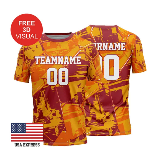 Custom orange and red patterned sports jerseys with team name and number placeholders.