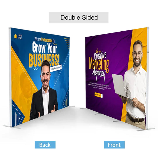 Double-sided custom trade show banner displays featuring business marketing graphics.