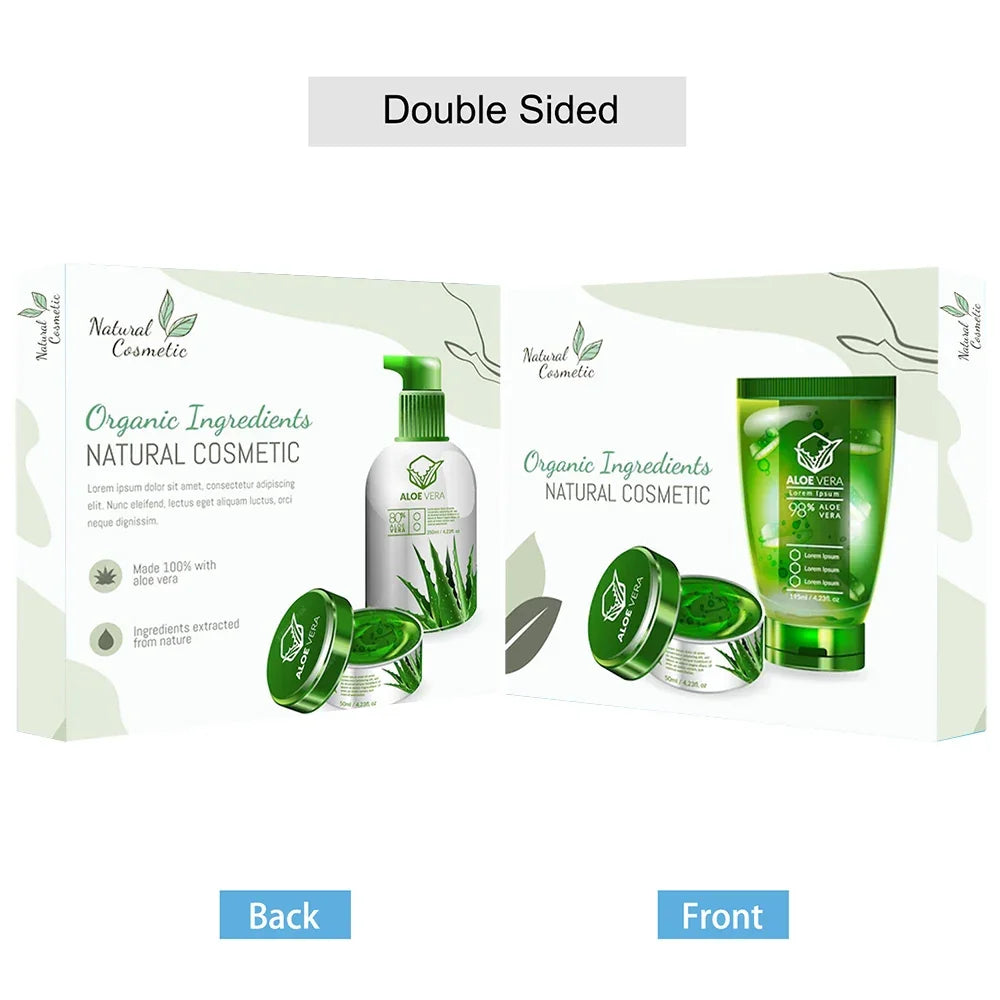 Double-sided packaging design for Natural Cosmetic organic aloe vera skincare products.