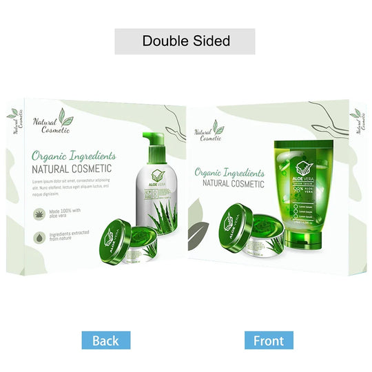Double-sided packaging design for Natural Cosmetic organic aloe vera skincare products.