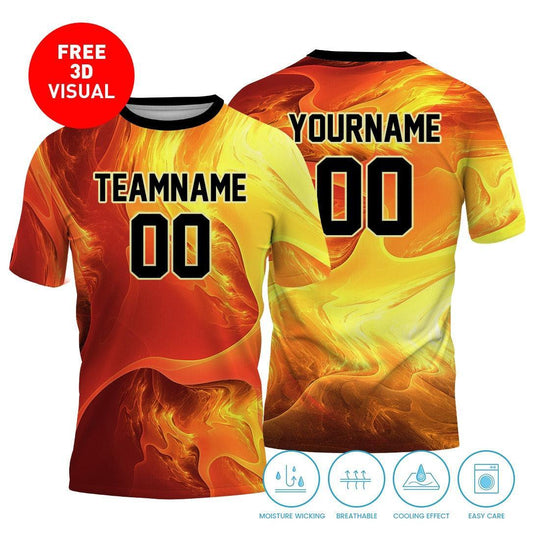 Custom fire-themed esports jersey featuring team name and player number placeholders.