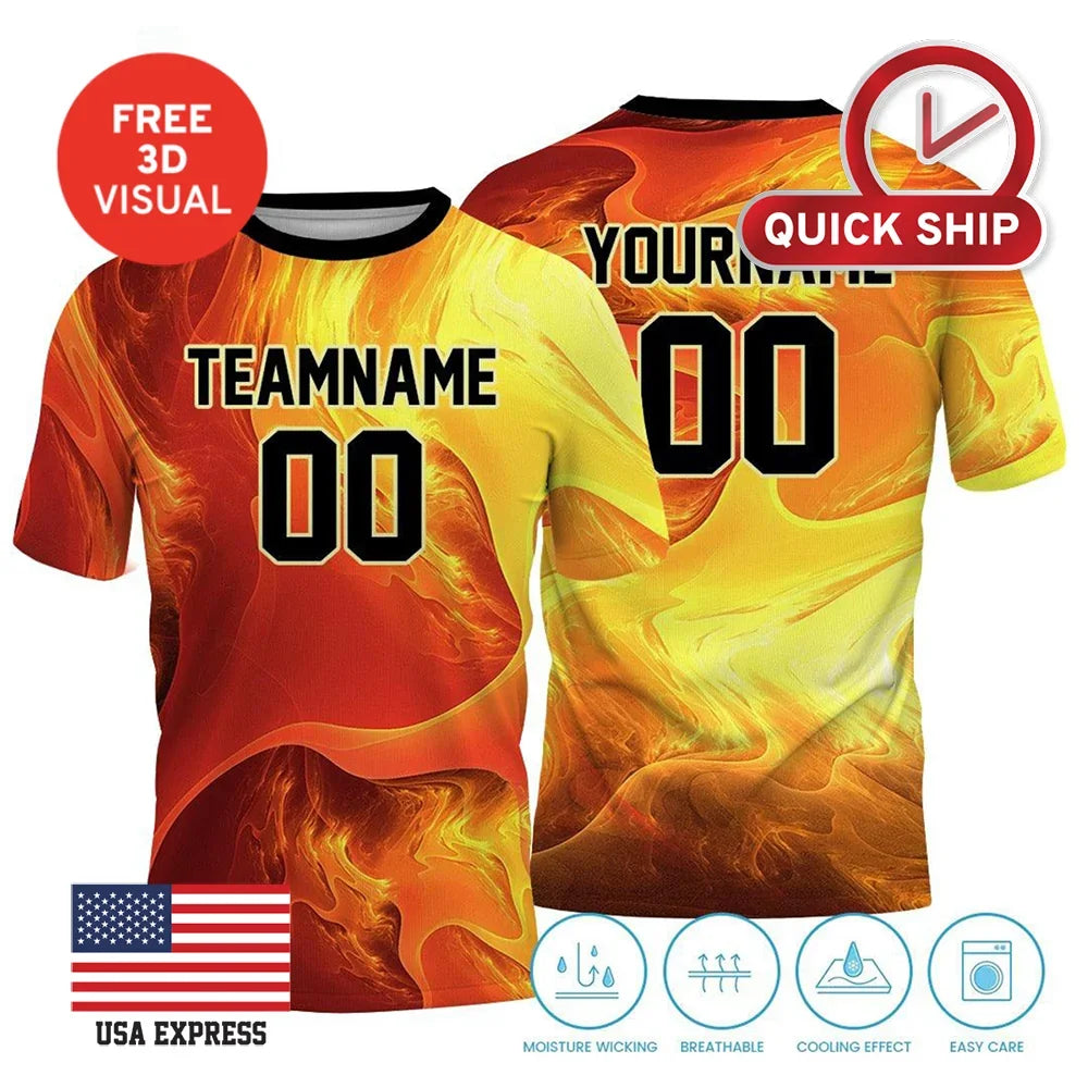 Custom flame-patterned sports jersey with personalized team name and number.