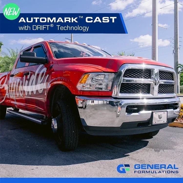 Red RAM pickup truck featuring a custom vinyl wrap for Automark Cast.