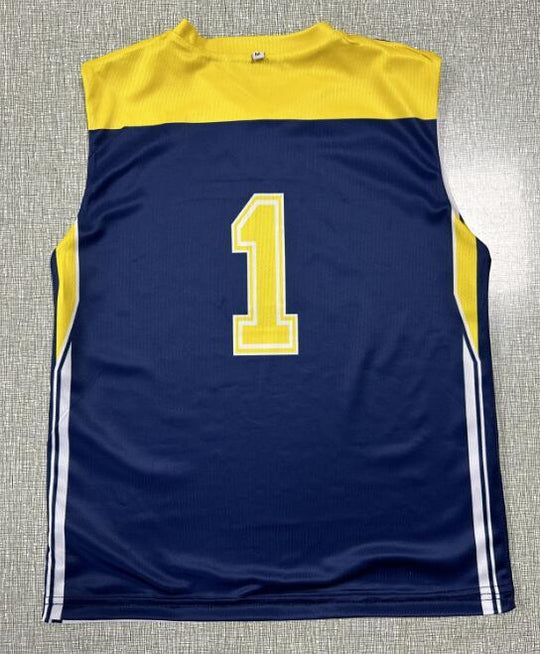 Custom navy blue and yellow sleeveless athletic jersey with number 1 on the back