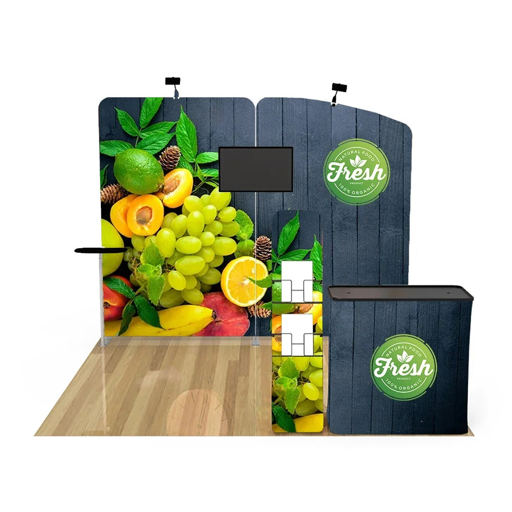 Custom trade show booth backdrop and counter with fresh fruit graphics and organic branding