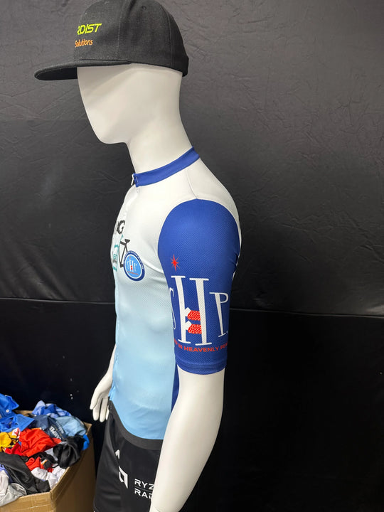 Mannequin wearing a custom blue and white cycling jersey and a black baseball cap.