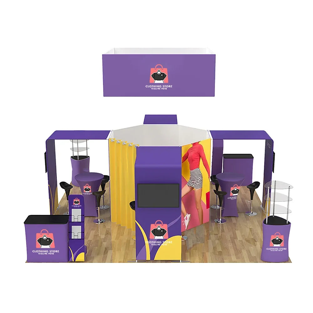Custom purple and yellow modular exhibition booth for a clothing store