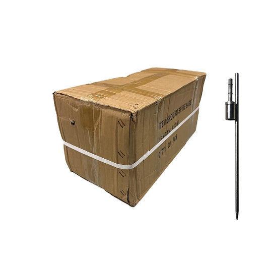 Brown cardboard box containing ground spike bases with one metal spike shown beside it