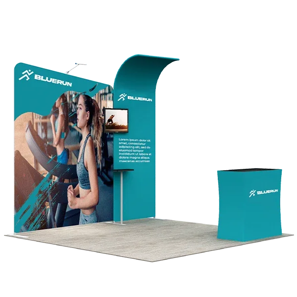 Custom blue event display kit with branded backdrop, feather flag, and podium.
