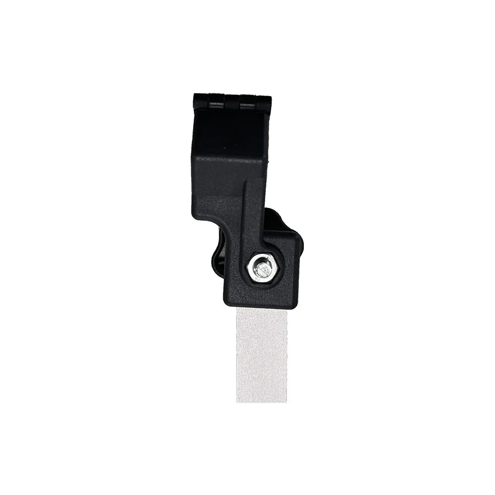 Black plastic clip attachment for a banner or flag with a metal screw and strap