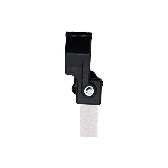 Black plastic clip attachment for a banner or flag with a metal screw and strap