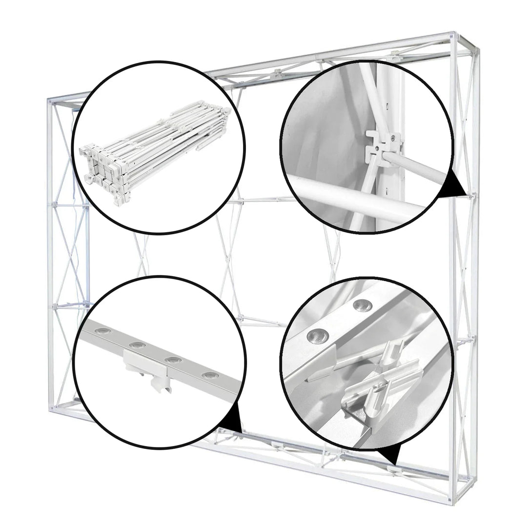 Detailed views of a white aluminum modular banner frame assembly.