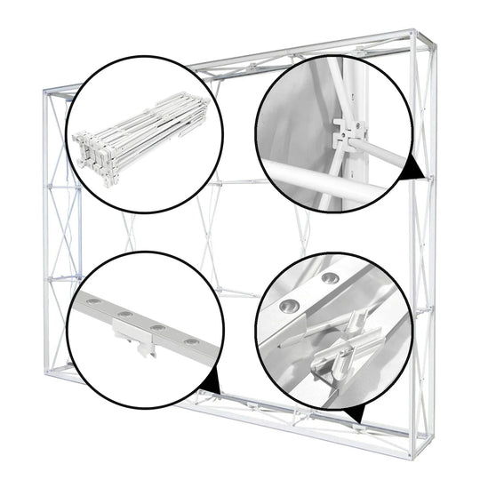 Detailed views of a white aluminum modular banner frame assembly.