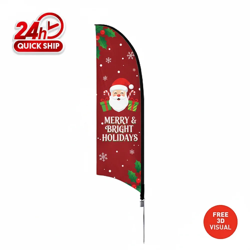 Custom red feather flag with Santa Claus and Merry & Bright Holidays text