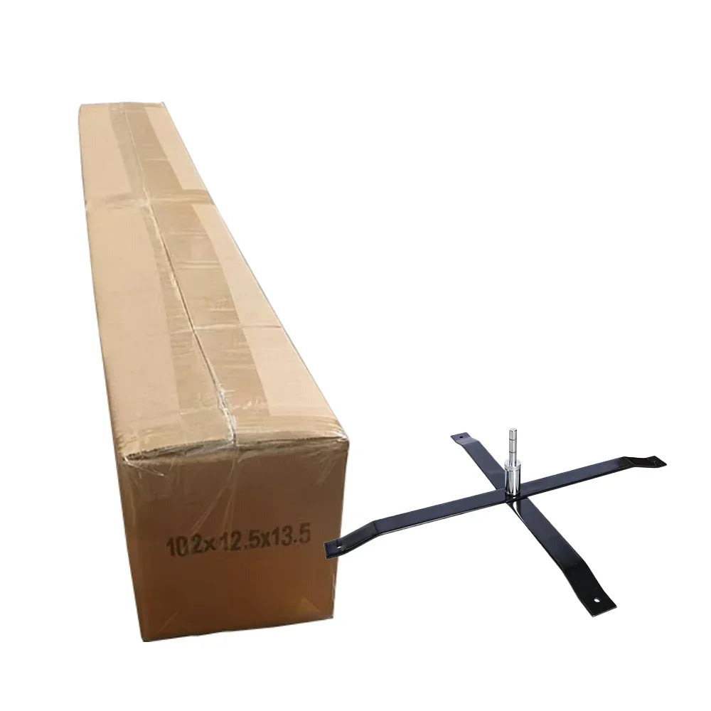 Packaging box and black metal X-shaped base for a custom flag or banner stand