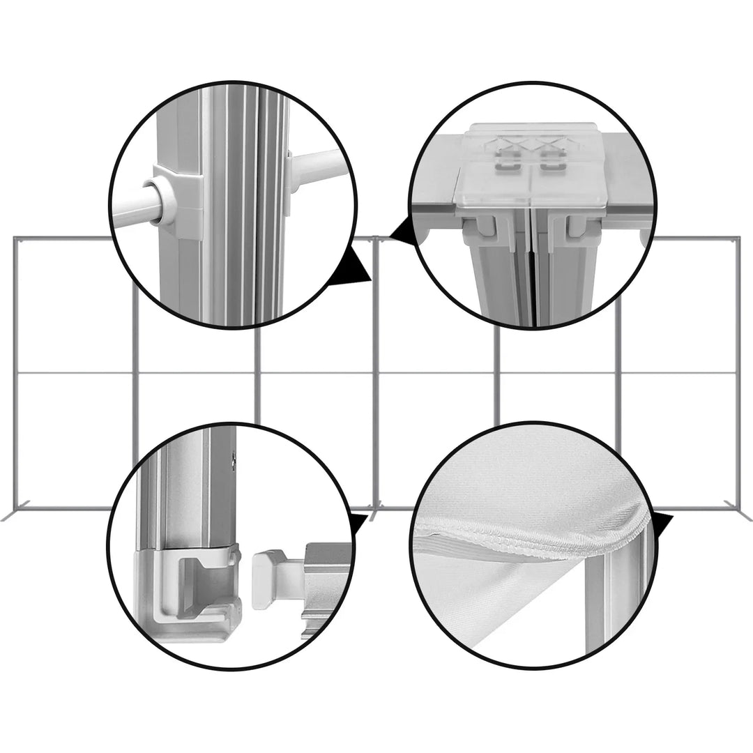 Detailed close-up views of custom tent frame assembly and fabric connection points.