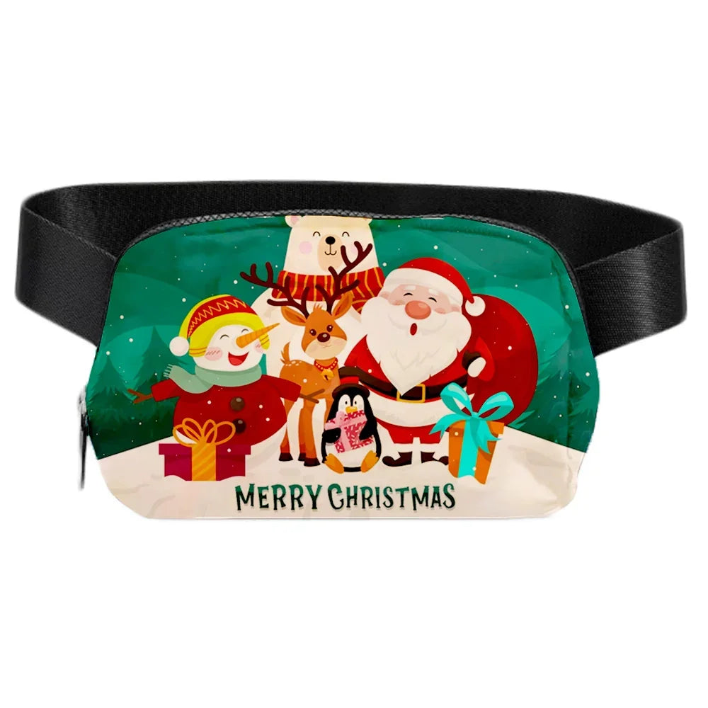Custom Christmas themed waist bag with Santa, reindeer, and snowman illustration