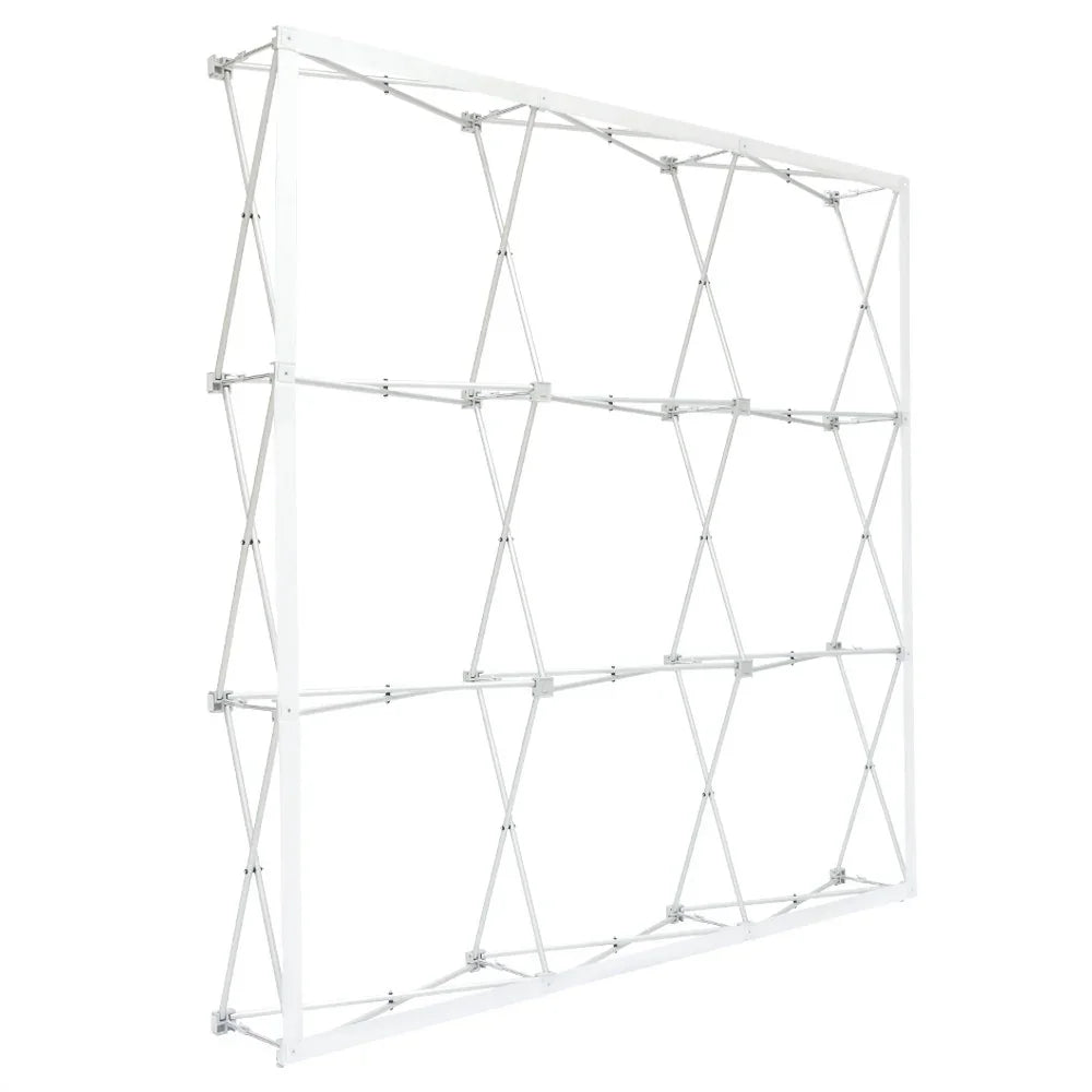 White expandable scissor-style banner frame backdrop stand