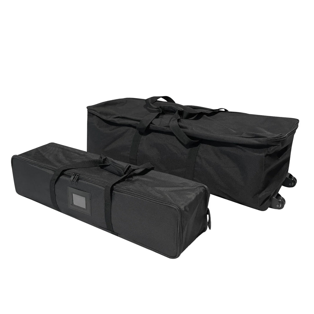Two black heavy-duty equipment transport bags with handles and wheels.