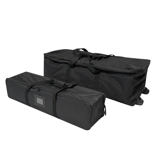Two black heavy-duty equipment transport bags with handles and wheels.