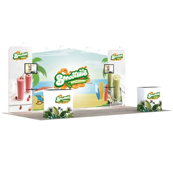 Custom printed trade show display booth for Smoothie Natural with banners and podiums