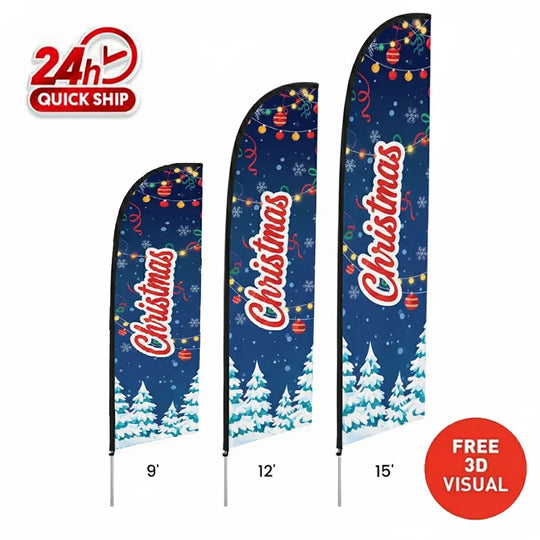 Three custom Christmas themed feather flags in 9ft, 12ft, and 15ft sizes