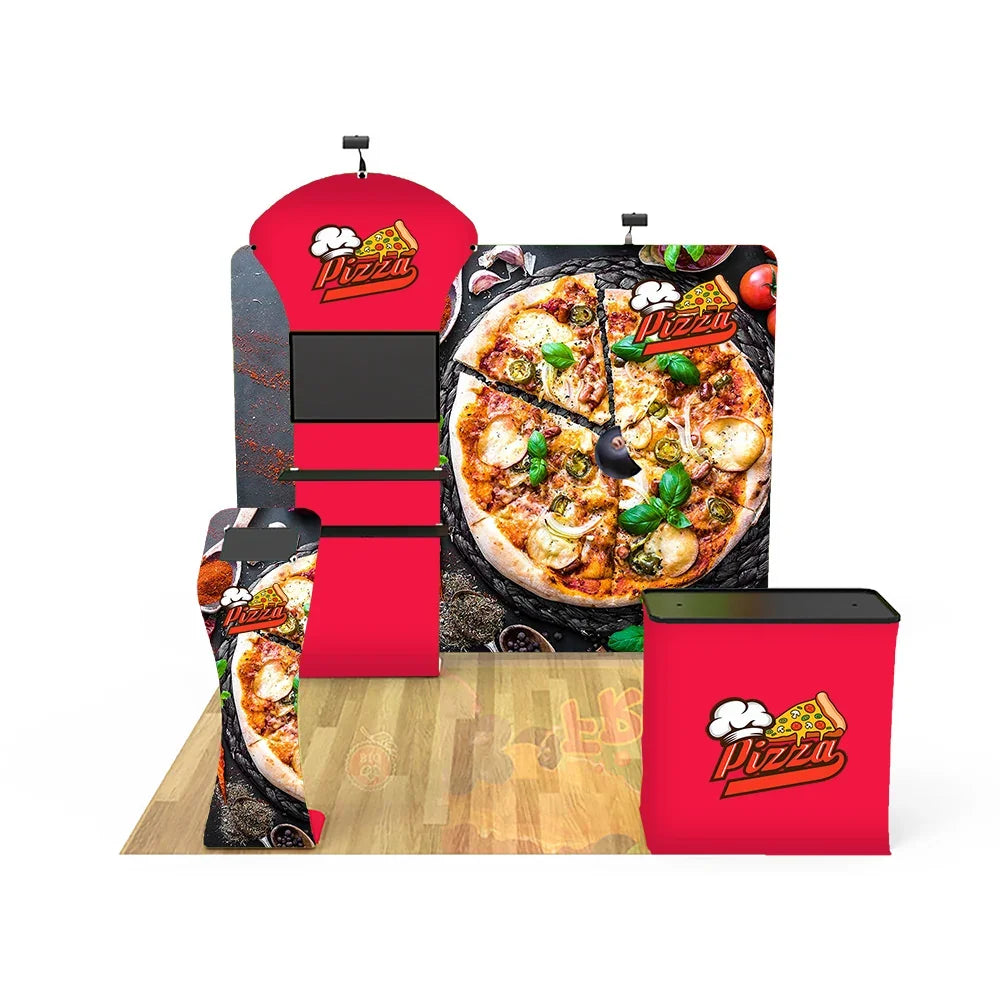 Custom red pizza-themed trade show booth display with backdrop, counter, and stand
