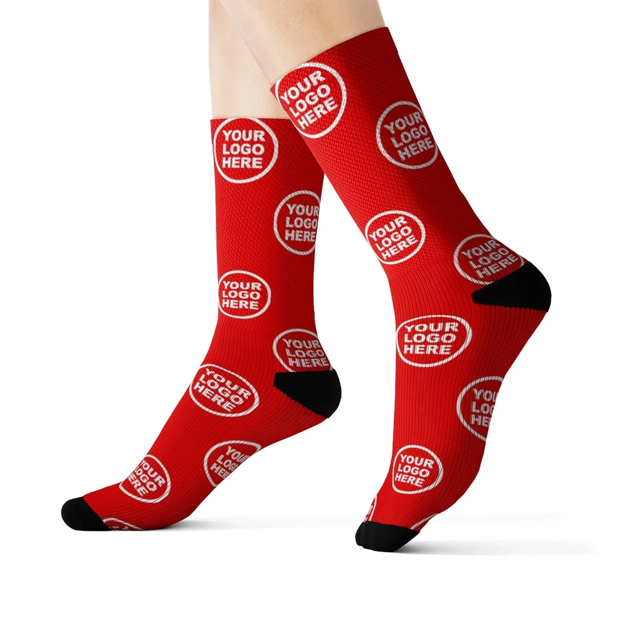 Red custom socks with white logo placeholders on a person's feet