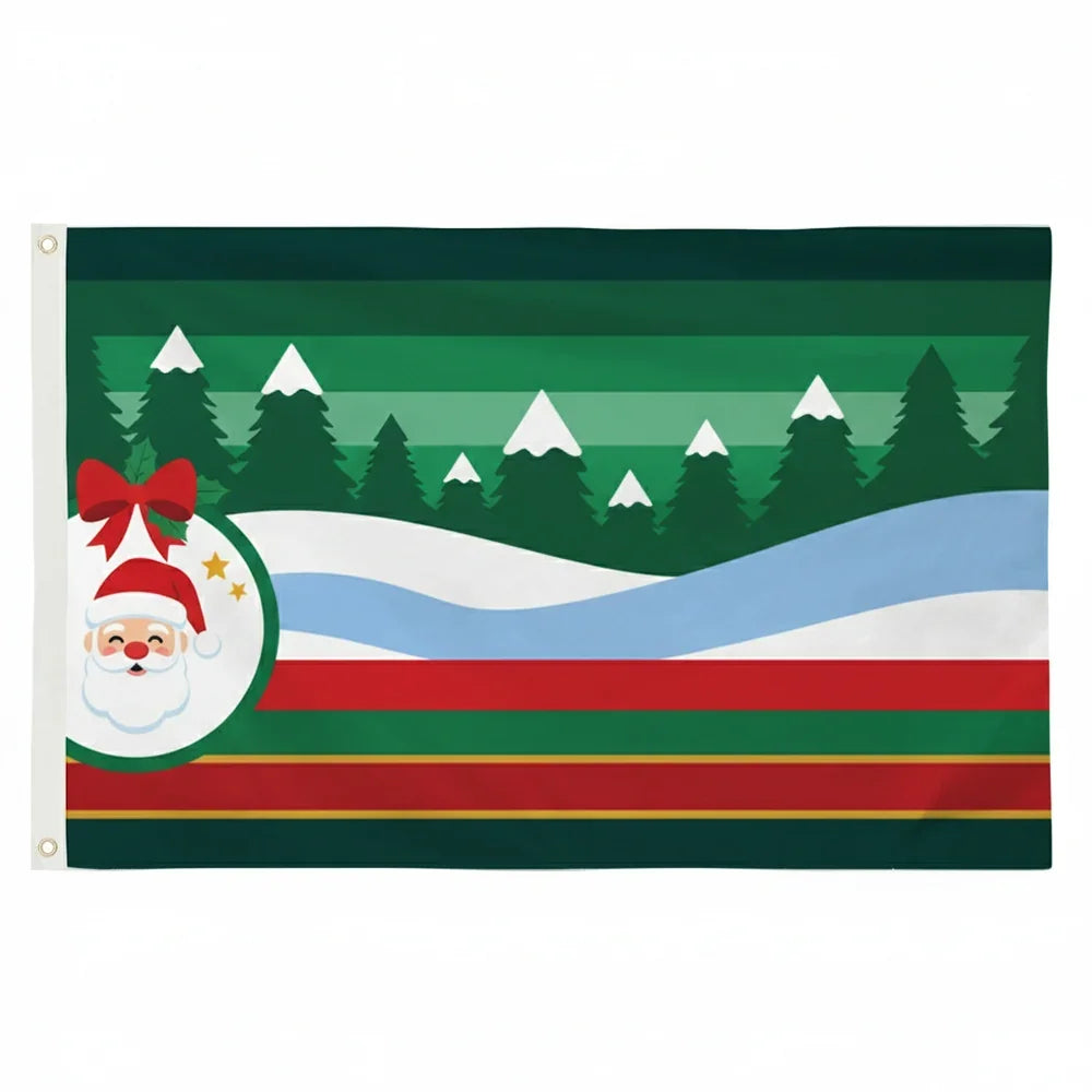 Christmas themed flag featuring Santa Claus, snow-capped pine trees, and red and green stripes