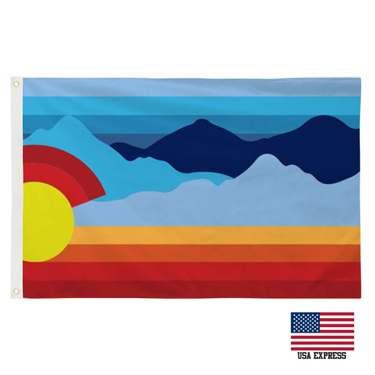 Custom landscape flag featuring blue mountains and a yellow sun on a multi-colored background