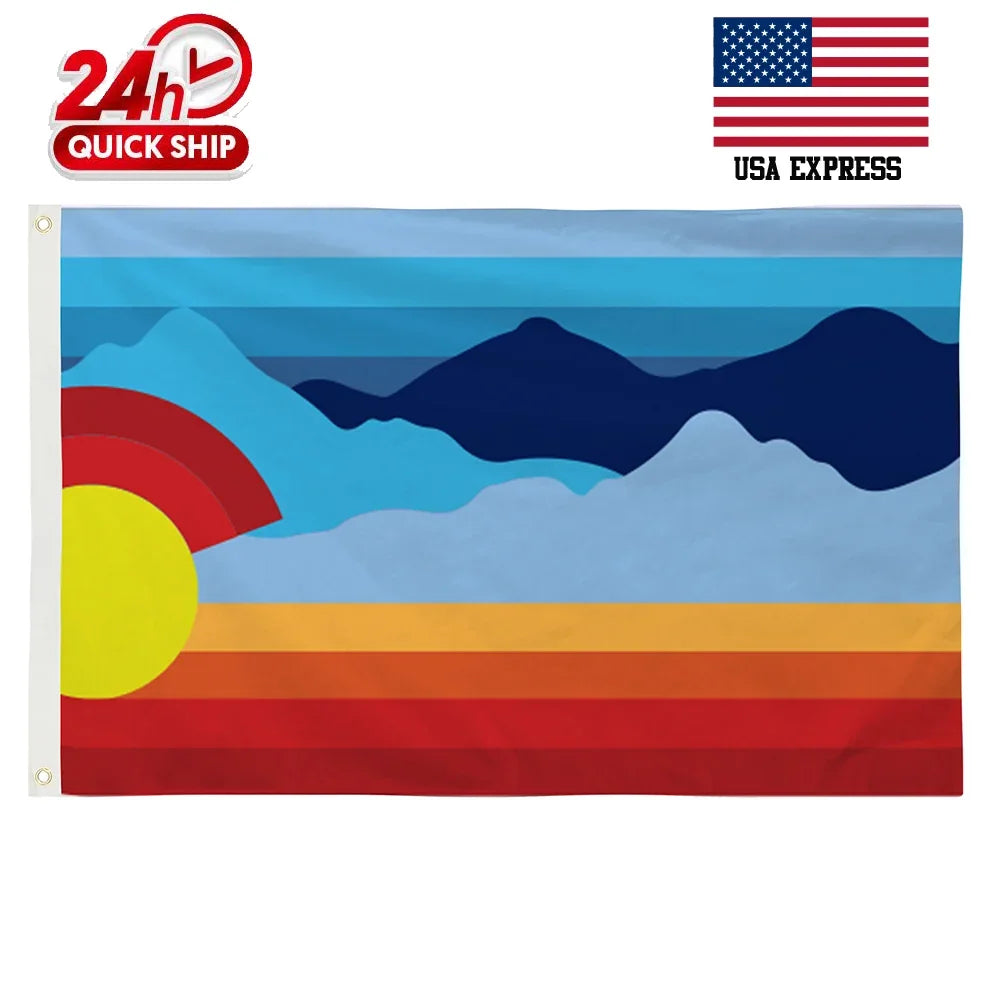 Custom printed flag featuring a mountain landscape and sunset design