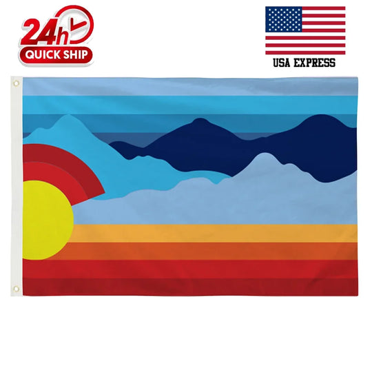 Custom printed flag featuring a mountain landscape and sunset design