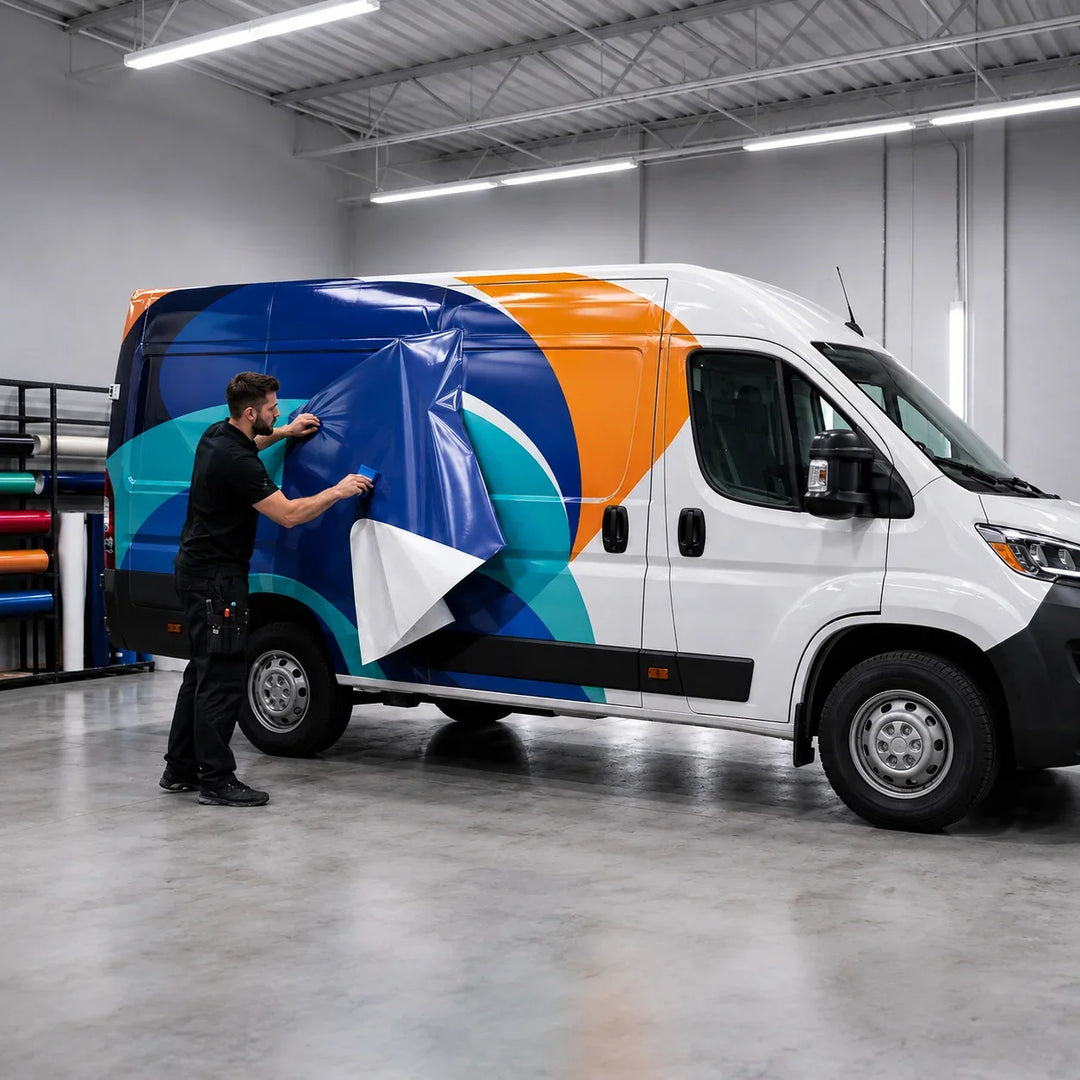 A technician applying a custom blue and orange vinyl wrap to a white commercial van.