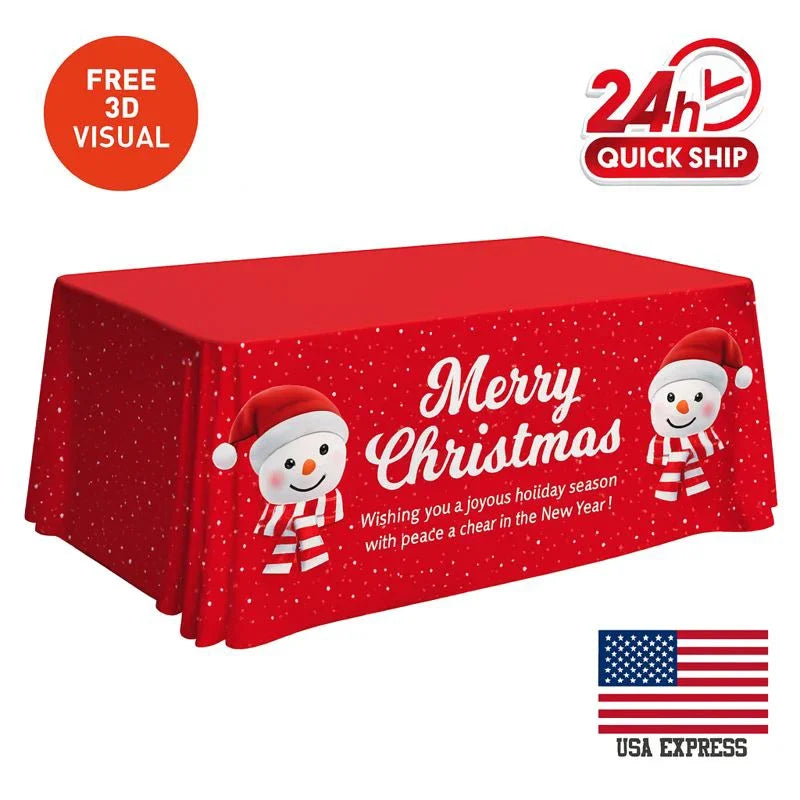 Red custom Christmas tablecloth with snowmen and Merry Christmas text
