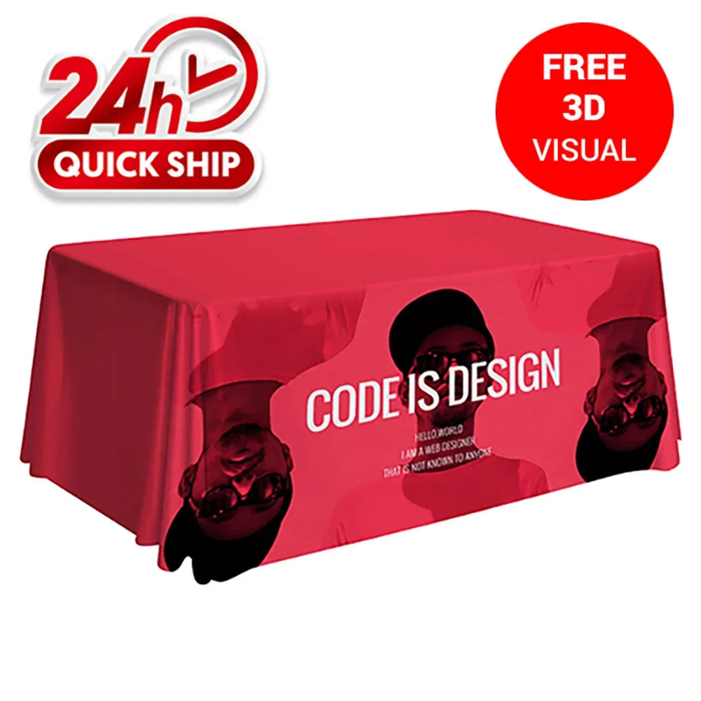 Custom red rectangular table cover with 'CODE IS DESIGN' text and graphic prints.