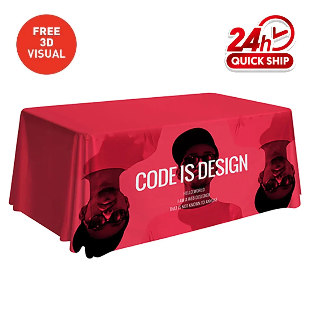 Custom red table cover featuring a person wearing sunglasses and the text CODE IS DESIGN