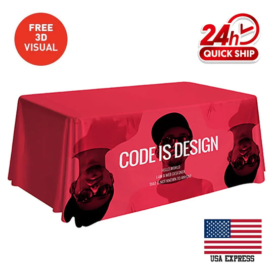 Custom red promotional table cover with graphic print and text.