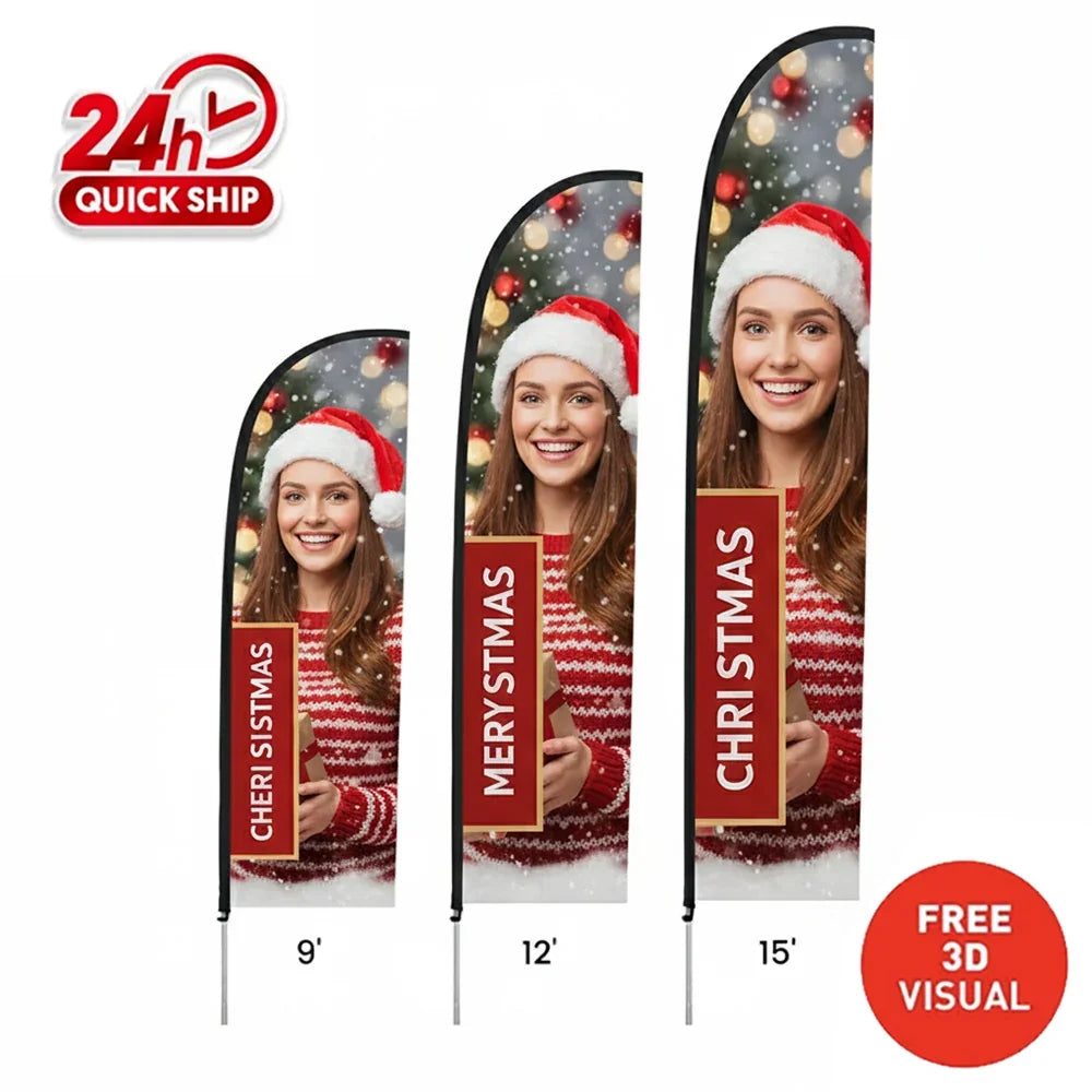 Three sizes of custom Christmas feather flags featuring a woman in a Santa hat.