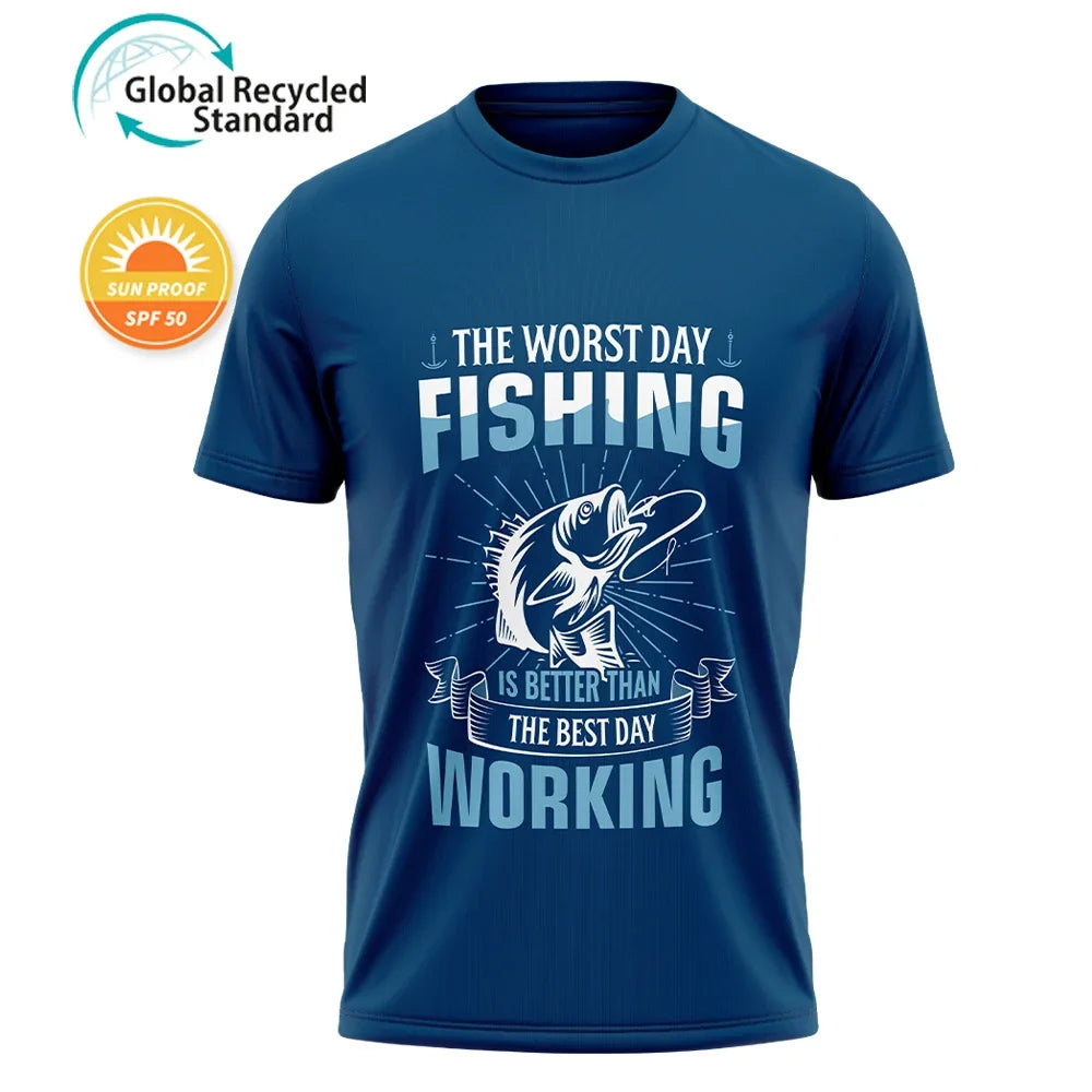 Navy blue t-shirt with a fishing graphic and the text 'The worst day fishing is better than the best day working'
