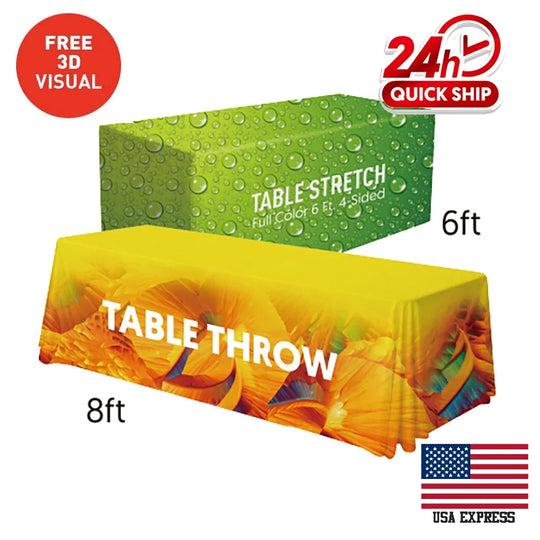 Custom 6ft stretch and 8ft throw table covers with vibrant graphic prints.