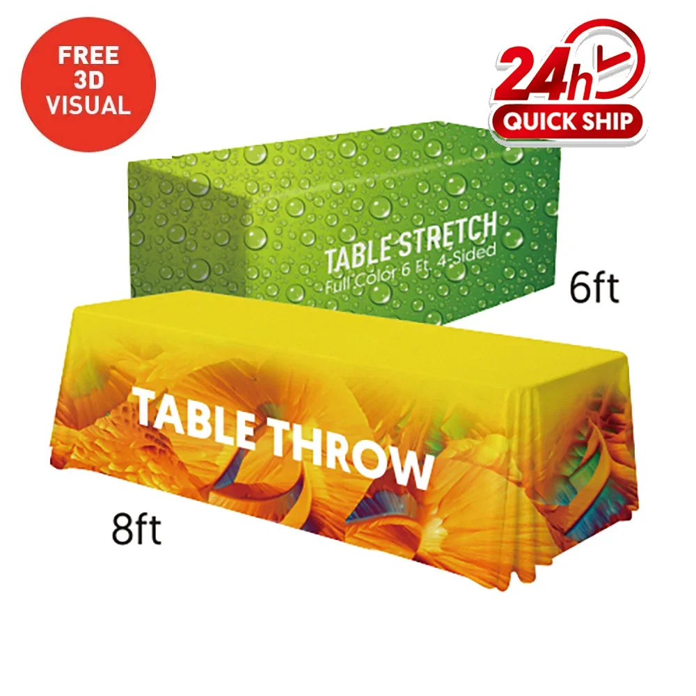Custom printed 6ft table stretch cover and 8ft table throw with vibrant designs.