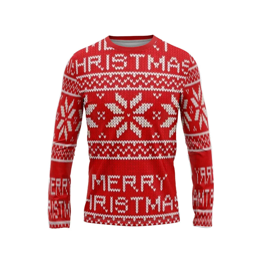 Red long sleeve Christmas sweater shirt with white festive patterns and text